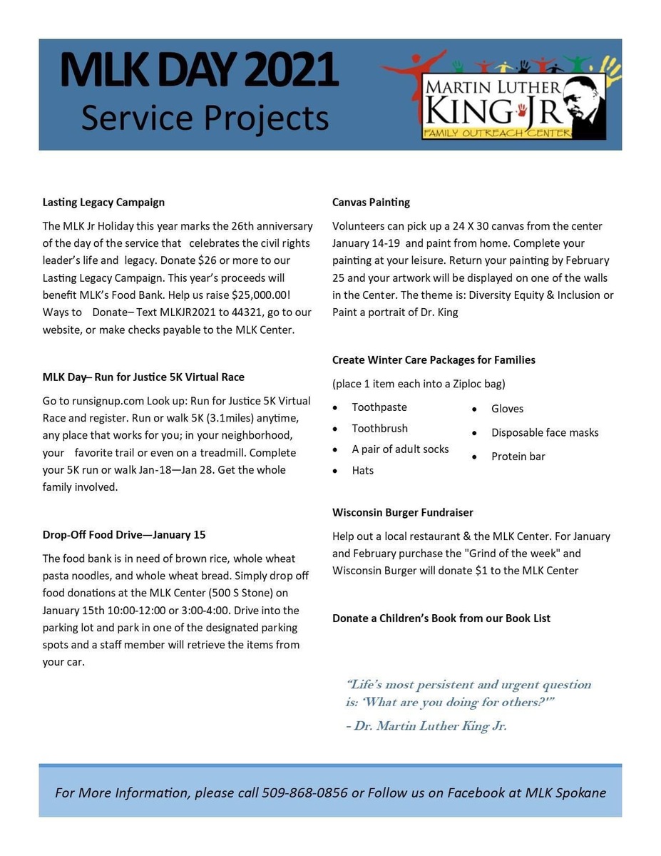 Graphic shows a listing of service projects for MLK Day 2021